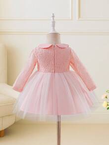 Glamorique Kids Đầm công chúa dễ thương cổ tròn tay dài phối ren lưới nhẹ thanh lịch cho bé gái, thích hợp cho tiệc sinh nhật 1 tuổi, ngày lễ, quà tặng sinh nhật - Màu Hồng baby - Xem 2