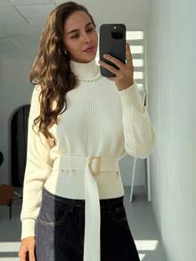 Aloruh Women's Autumn/Winter New Ribbed Knit Turtleneck Sweater, Slim Fit Long Sleeve Pullover With Belt Decor, Minimalist Everyday Versatile Knitwear - Beige - View 4