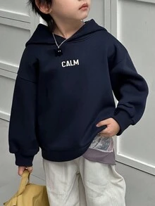 DAZY 男童抓绒卫衣，休闲宽松版型字母印花街头风，秋季连帽衫 - 藏蓝色 - 查看 4