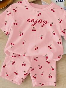 SHEIN 2 sztuki/zestaw dla młodej dziewczyny, swobodny, minimalistyczny zestaw z krótkim rękawem, top i spodenki, odpowiedni na lato - Wielokolorowe - Zobacz 4