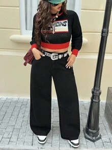 SHEIN ICON Plus Size Women Loose Casual Versatile Denim Wide Leg Pants