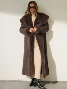 Aveloria Modichic Reversible Fashionable Minimalist High-End PU Leather Long Jacket, Faux Fur Coat For Women - Brown - View 5