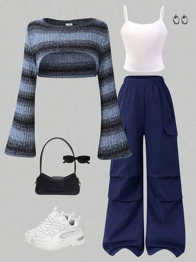 Sparklyn 3 件套青少年女孩休闲街头风格格子短款针织喇叭袖罩衫、纯色吊带背心和实用口袋工装裤套装