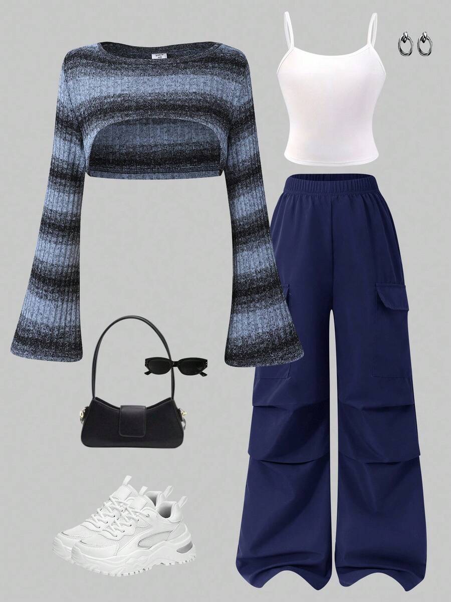 Sparklyn 3 件套青少年女孩休闲街头风格格子短款针织喇叭袖罩衫、纯色吊带背心和实用口袋工装裤套装 - 藍色 - 查看 1