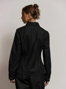 MUSERA 修身长袖翻领牛仔外套，夏季度假休闲可爱优雅酷女孩必备单品，适合办公室穿着，秋冬日常百搭，春季必备 - 黑色 - 查看 4