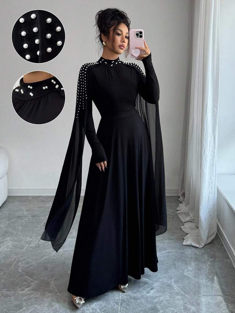Elenzga High-End Luxury Middle Eastern Women's Fashion Elegant Stand Collar Pleated Dress