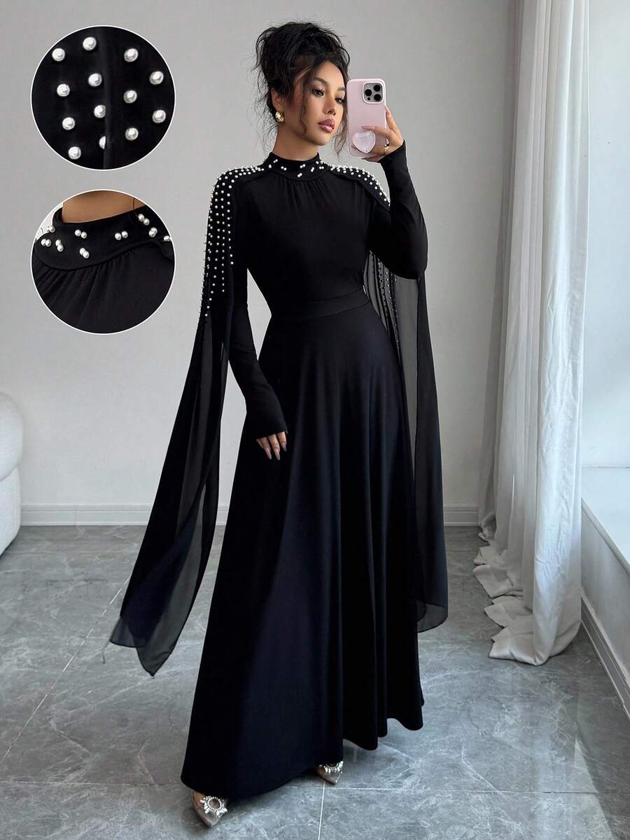 Elenzga 高端奢华中东女士时尚优雅立领百褶连衣裙 - 黑色 - 查看 1