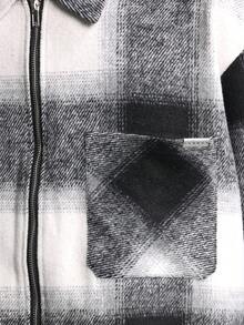 SUMWON 经典水牛格纹羊毛混纺夹克，前拉链闭合，大格子图案，温暖冬季休闲外套 - 黑與白 - 查看 5