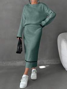 EURMUSE Damen gestreifter detaillierter Pullover und langer Rock Set Co-Ords - Minzgrün - Übersicht 4