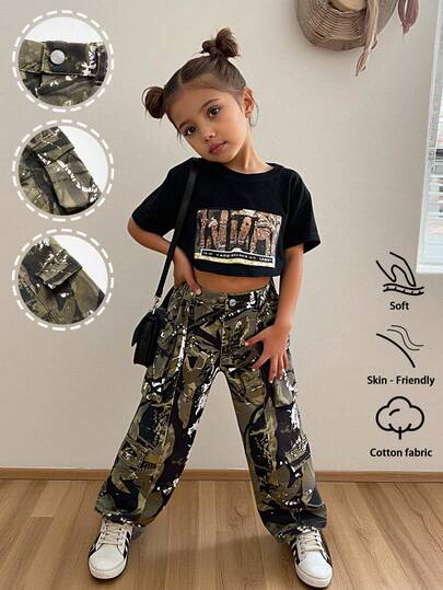 Girls Casual Comfortable Fashion Street Camo Print Washed Soft Everyday Loose Pleated Pocket Decorated Multi-Seam Splicing New Straight Leg Jeans, Lightweight Spring/Autumn Fall Winter