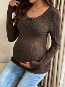 SHEIN 孕妇装女款纯色简约日常蕾丝领长袖T恤