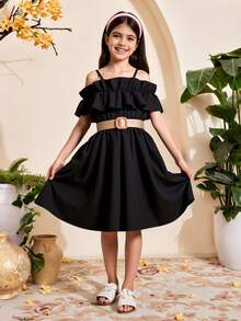 Tween Girl Cold Shoulder Ruffle Trim Dress - Black - View 4
