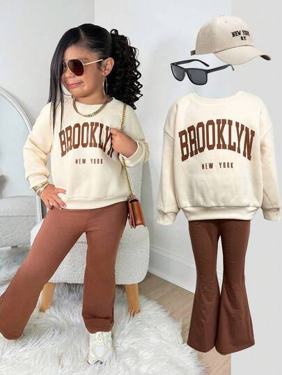SHEIN Young Girl Casual Sporty Contrast Color Letter Print Crew Neck Long Sleeve Sweatshirt And Flare Pants Set, Hoodie + Flared Pants Set, Girl Fall Clothes Lil Girls Sweat Shirt Outfit Girl Brown Set Brooklyn Outfit Back To School 2 Piece Set Girl Outfit Set Winter