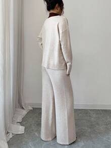 Elenzga U-Neck Slouchy Casual Knit Sweater Top + Straight Leg Knit Pants Set, Autumn/Winter - Camel - View 2