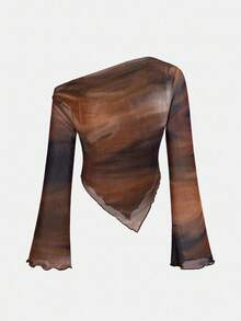 SHEIN 青少年女孩不对称肩部设计针织印花休闲时尚家庭装上衣 - 棕色 - 查看 2