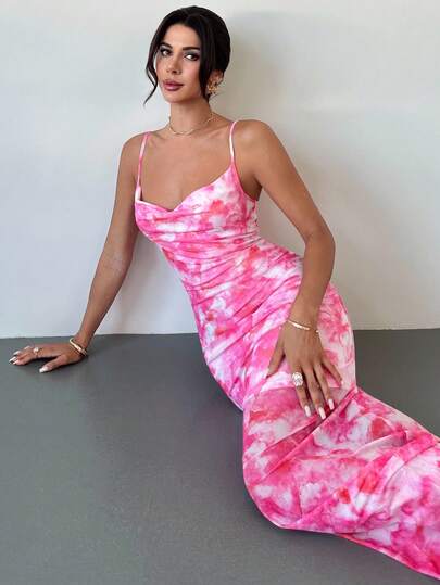 Firerie Women's Elegant Minimalist Chic Romantic Fashion Vacation Party Daily Plunging Neck Abstract Print Bodycon Dress, Spring/Summer