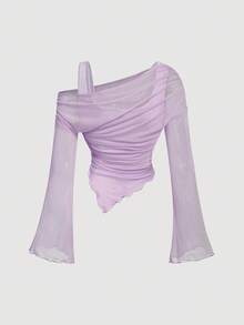 SHEIN MOD 淡紫色不对称下摆喇叭袖 T 恤 - 紫丁香色 - 查看 2