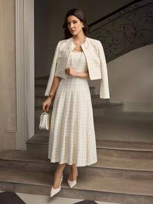 ZEYLAH 女式方领无袖优雅珍珠串珠腰喇叭裙 - 杏色 - 查看 1