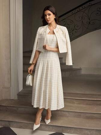 ZEYLAH 女式方领无袖优雅珍珠串珠腰喇叭裙