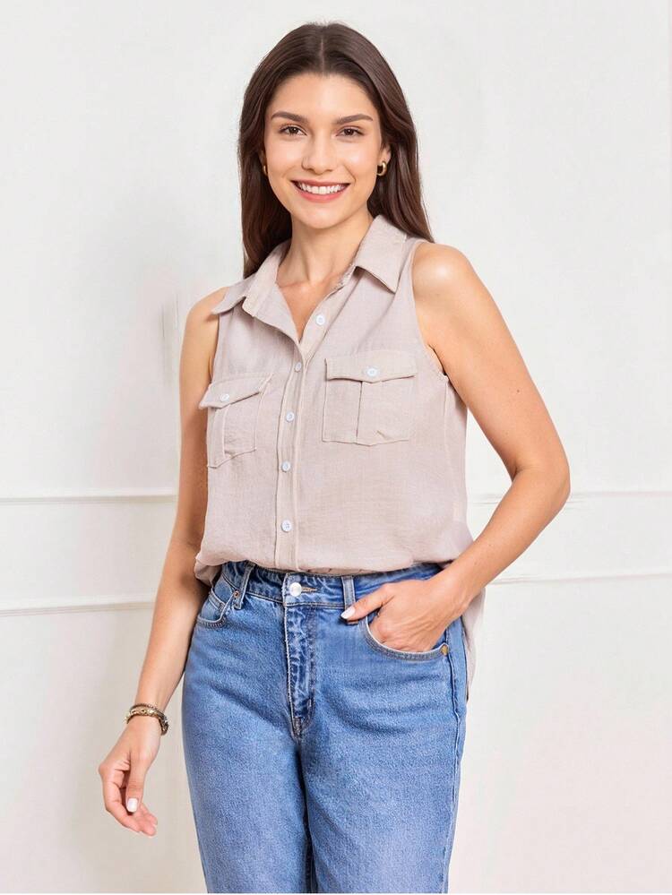 Women's Sleeveless Solid Casual Blouse, Minimalist Fashion For Summer