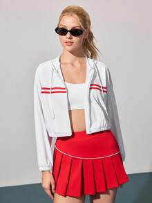 Gameset SHEIN Sport Women's Solid Color Hooded Zip-Up Sports Jacket, Casual Outdoor Tennis Workout - White - View 4