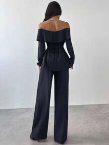 Firerie 女士优雅露肩长袖上衣和裤子两件套，适合秋冬通勤 - 藏蓝色 - 查看 4