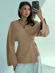Aloruh Women's Solid Color Cross-Wrap Long Sleeve Fashionable Waist Shirt
