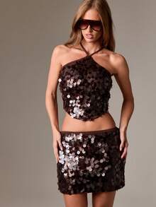 AiiRZ 亮片迷你裙 夜店派对 节日婚礼 闪亮A字铅笔裙 膝上 晚宴 庆典 音乐会 裙装 金属亮片 - 巧克力棕 - 查看 5