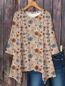 EMERY ROSE 大码女式休闲不对称下摆圆领宽松 3/4 袖 T 恤，带小碎花，秋冬款 - 彩色 - 查看 3