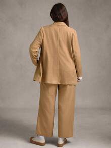 Zelara Plus Size Women's Linen-Like Slub Fabric Solid Color Asymmetrical Collar Long Sleeve Jacket And Pants Suit Set Fall Women Clothes Back To School Homecoming Business Casual Woman Country Concert Outfit Modest Old Money Stockholm Style Office Wear Teacher Outfits For Women Fall Women Clothes Korean Style Business Casual Women Teacher Outfits For Women Homecoming