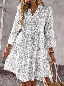 EMERY ROSE 休闲全印花V领收腰女式短款连衣裙 - 白色 - 查看 4