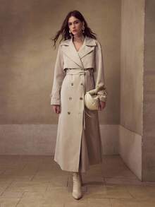 MOTF PREMIUM 优雅腰部收紧褶饰下摆拼接风衣，卡其色简约时尚 - 卡其色 - 查看 2