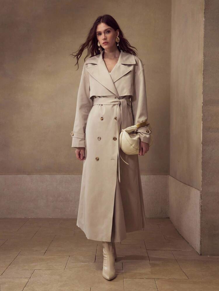 ELEGANT WAIST CINCHED PLEATED HEM PATCHWORK TRENCH COAT, KHAKI MINIMALIST & CHIC