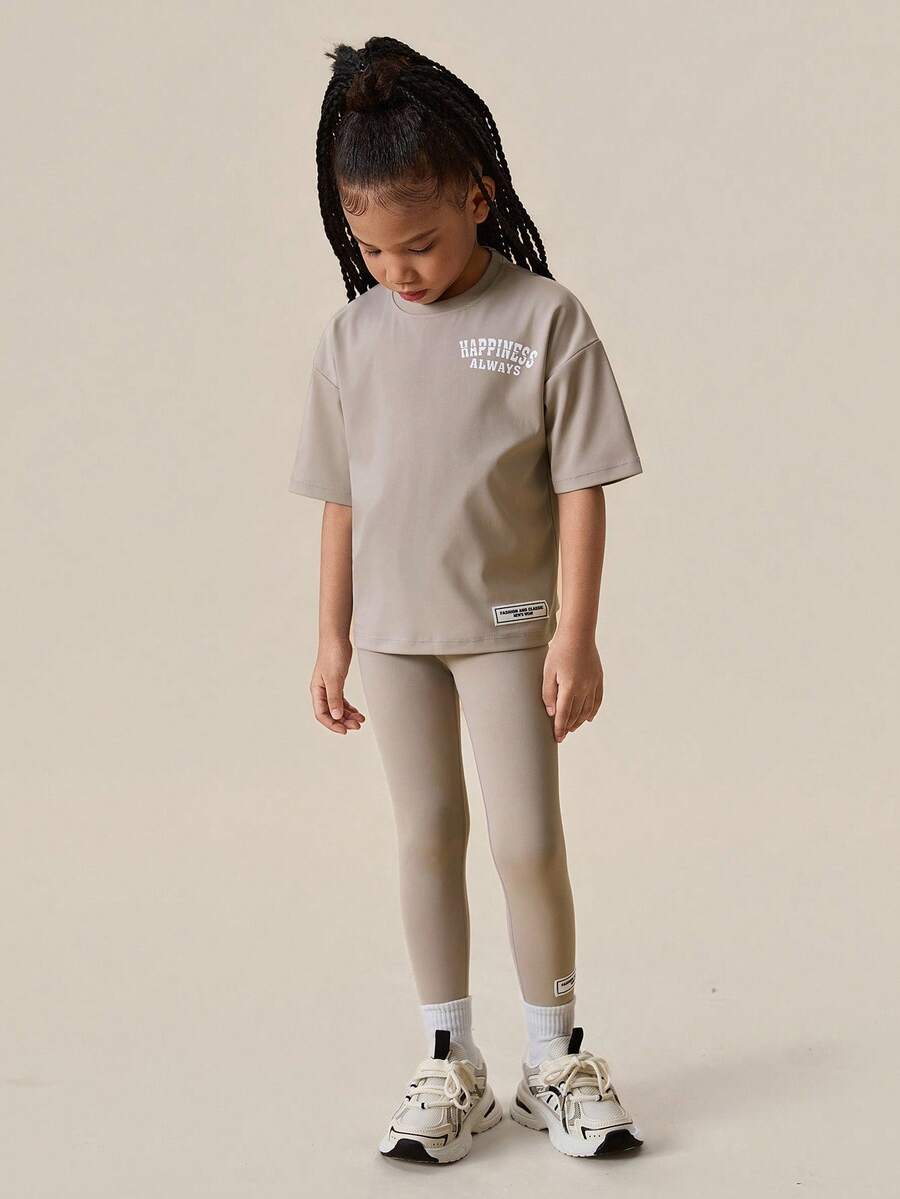 Bộ đồ thể thao kaki cho bé gái, áo phông thoải mái + quần thể thao co giãn ôm vừa vặn - Xám - Xem 1