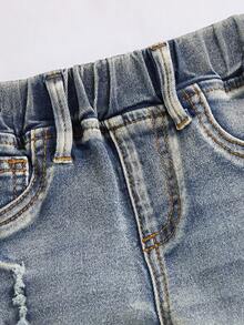 SHEIN Playful Pals 男童休闲日常都市街头松紧腰简约舒适破洞复古休闲牛仔裤