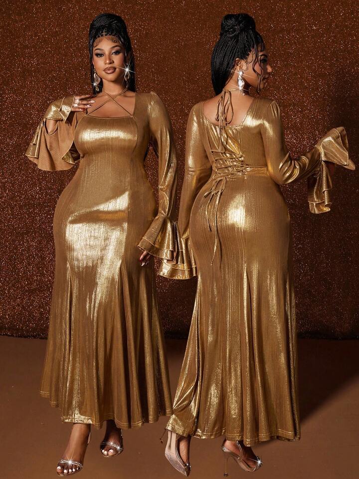 plus size gold dress Sparkle Golden Sequined High neck Mermaid Prom Party Gowns with Flower Train let your style shine Gold Long Dresses One Shoulder