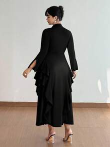 Viva Relle Váy maxi dài màu trơn cổ chữ V xếp nếp nhiều lớp cài nút thanh lịch, thiết kế tinh tế, không thể thiếu cho trang phục dự tiệc & sang trọng, cỡ lớn, thu/đông - màu đen - Xem 4