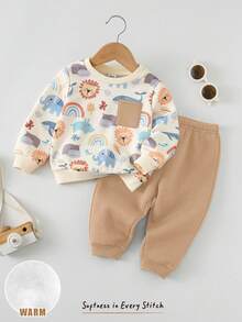 Cozy Pixies 2 pezzi Set di maglioncino girocollo a maniche lunghe e pantaloni in vita elastica con stampa di animali cartoni animati per bambino