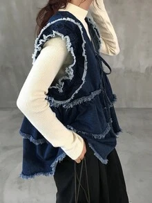 FRIFUL Jaket Denim Kasual Wanita Warna Polos dengan Detail Rumbai, Leher V, Tanpa Lengan, dan Hem Bergelombang - Biru - View 6