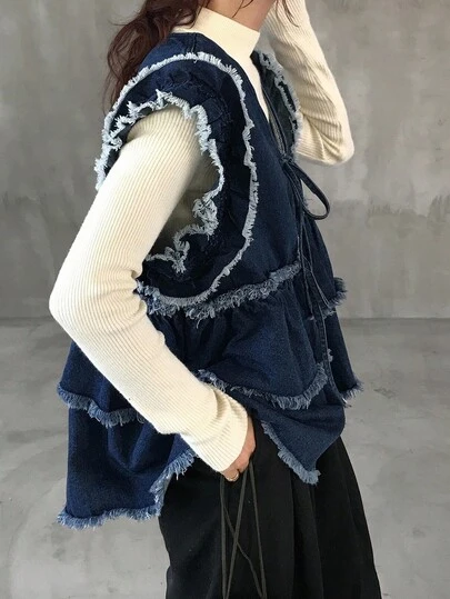 FRIFUL 女式纯色流苏领带V领无袖荷叶边下摆休闲牛仔夹克