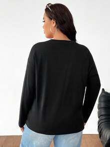 SHEIN EZwear Plus Size Women's Solid Color Round Neck Loose Long Sleeve Casual T-Shirt, Spring/Summer - Black - View 2