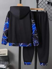 SHEIN 2 件青少年男孩休闲街头时尚夜光连帽衫和运动裤套装，适合通勤、上学、日常休闲装、运动、秋冬 - 藍色 - 查看 2