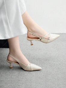 CUCCOO BIZCHIC 女士尖头小猫跟交叉带一脚蹬高跟鞋，米色，适合日常穿着和通勤 - 糯米白色 - 查看 3