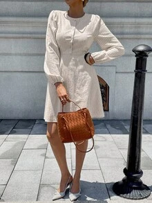 Chiquease French Style Round Neck Button Front Cotton Striped Lantern Sleeve Dress For Women Fall Cloth For Women - Apricot - View 3