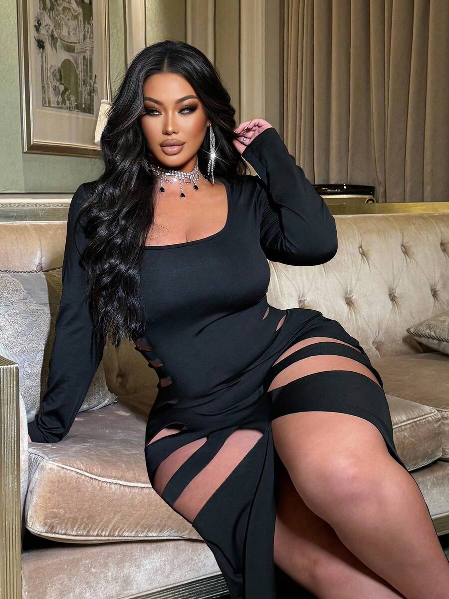 NU&NOW 大码时尚性感镂空高开叉修身连衣裙 - 黑色 - 查看 1