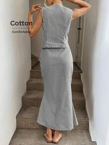 Easowa Bộ 2 món áo sơ mi không tay cổ chữ V cài nút phía trước và chân váy đuôi cá ôm sát, trang phục đi nghỉ thanh lịch, mùa xuân/hè, vải cotton dệt sọc - Đen và trắng - Xem 3