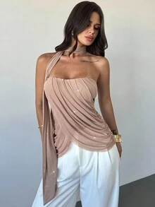 Firerie Eleganckie, falbaniaste, połyskujące bluzki damskie z siateczki/Ubrania jesienne/Eleganckie bluzki damskie/Szykowne bluzki/Szykowne bluzki jesienne/Stroje na randkę/Bluzki na imprezę - Kolor khaki - Zobacz 4