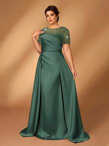 SHEIN Belle Đầm ngắn tay xếp ly dáng đuôi cá phối ren màu sâm panh sang trọng, đính đá lấp lánh, dành cho nữ cỡ lớn, thích hợp cho dạ hội, tiệc độc thân, hẹn hò, lễ hội âm nhạc, kỳ nghỉ, đám cưới, váy cho mẹ cô dâu, ngày Valentine. - Màu xanh lá cây đậm - Xem 1