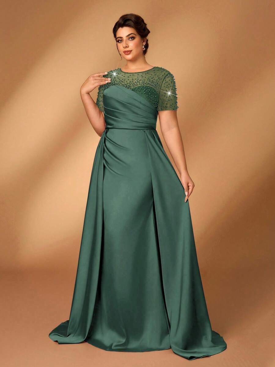 SHEIN Belle Đầm ngắn tay xếp ly dáng đuôi cá phối ren màu sâm panh sang trọng, đính đá lấp lánh, dành cho nữ cỡ lớn, thích hợp cho dạ hội, tiệc độc thân, hẹn hò, lễ hội âm nhạc, kỳ nghỉ, đám cưới, váy cho mẹ cô dâu, ngày Valentine. - Màu xanh lá cây đậm - Xem 1