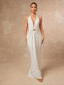 Lumalex 秋季新款女装冬季聚会派对魅力优雅宴会低调奢华闪耀假日派对魅力优雅锐舞节郊游度假热门户外丰富层次婚礼季宴会成人礼波点V领无袖金属色拼接褶皱优雅连衣裙女装奢华舞会证件照宰牲节派对新年 - 白色 - 查看 7